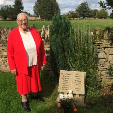 August 2017.  Vera Hurren by her husband’s grave in Hampton Poyle.